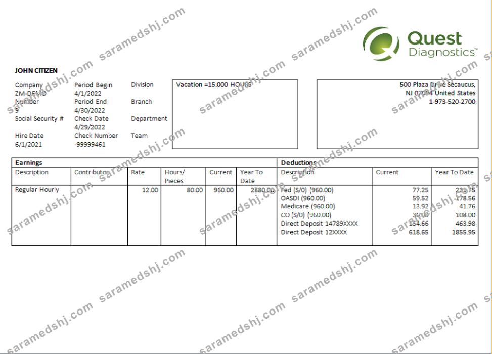 USA diagnostic company employee sheet